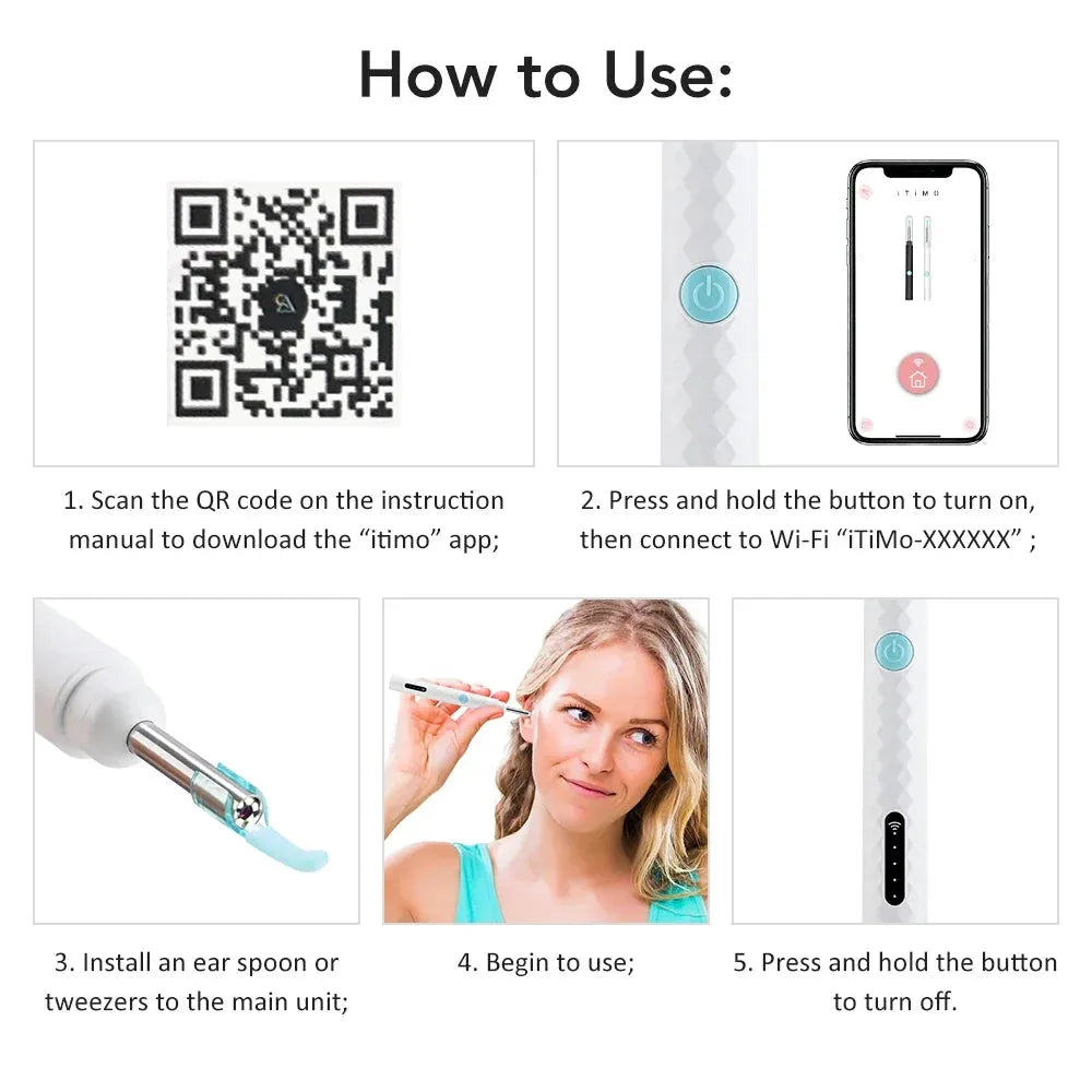 Step-by-step instructions for using the ear wax removal tool, including QR code scan, app connection, and ear cleaning process