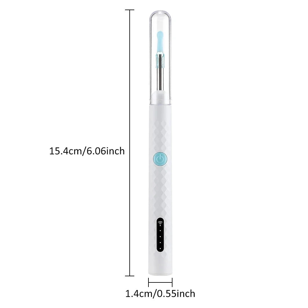 Electronic ear cleaning device with 15.4cm length, 1.4cm diameter, white color, and built-in Wi-Fi chip for connectivity