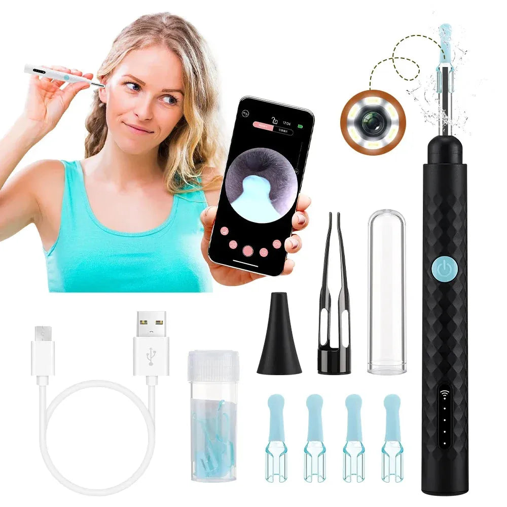 Rechargeable ear wax removal tool with camera, accessories including ear spoons, tweezers, and LED light, for safe ear cleaning
