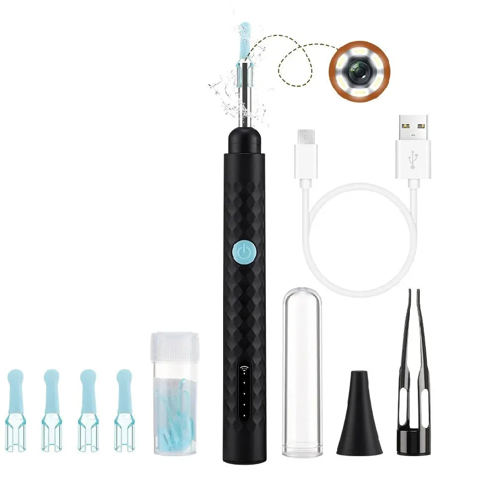 Black rechargeable ear wax removal tool with camera, 1080P HD lens, silicone tips, USB charging cable, and accessories for ear cleaning