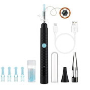 Black rechargeable ear wax removal tool with camera, 1080P HD lens, silicone tips, USB charging cable, and accessories for ear cleaning