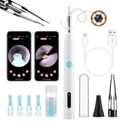Rechargeable 2 in 1 ear wax removal tool with camera, LED lights, flexible tips, and WiFi connectivity, displayed with smartphones