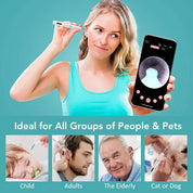 Woman using ear cleaning device with smartphone app, suitable for children, adults, elderly, and pets, with visual ear inspection
