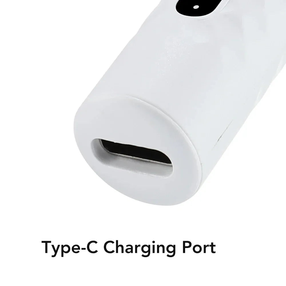 Close-up of the device's Type-C charging port, white body, compact design, and 15.4cm length for easy handling