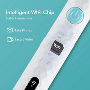 Smart ear cleaning device with WiFi chip, showing power button, circuit board, and icons for taking photos and recording videos