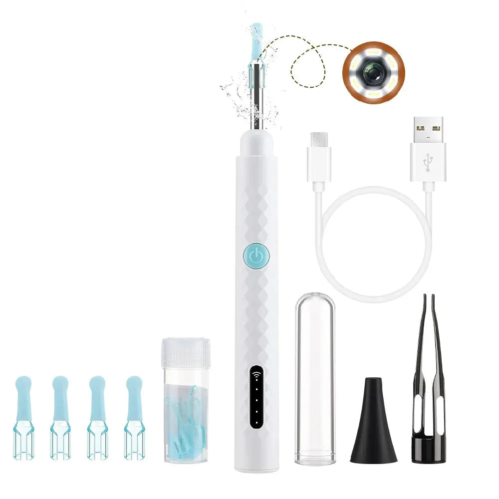 White rechargeable ear wax removal tool with camera, 1080P HD lens, silicone tips, USB charging cable, and accessories for ear cleaning